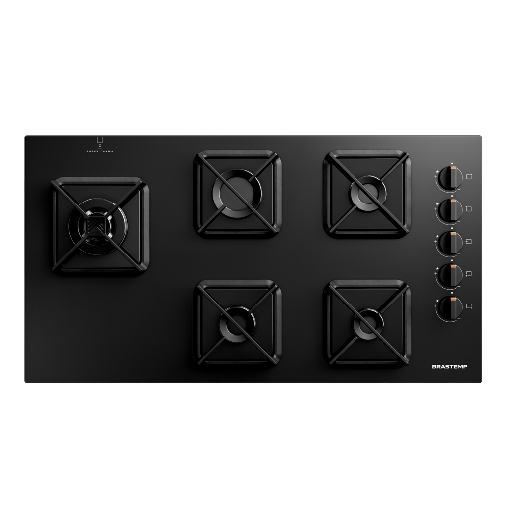 Cooktop à Gás Brastemp 5 Bocas BDS85AE Grades em Ferro Fundido Vidro Preto Bivolt