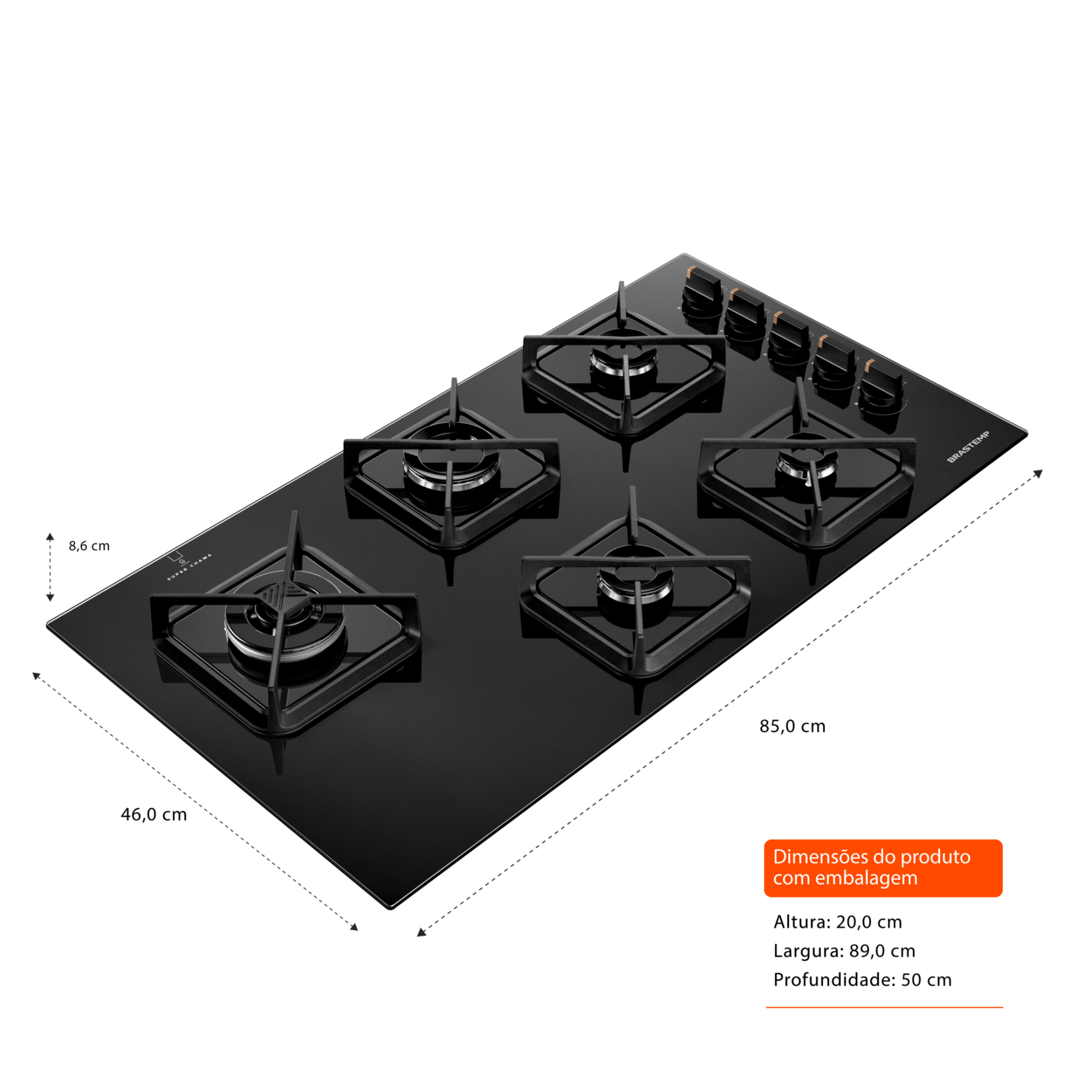 Cooktop à Gás Brastemp 5 Bocas BDS85AE Grades em Ferro Fundido Vidro Preto Bivolt