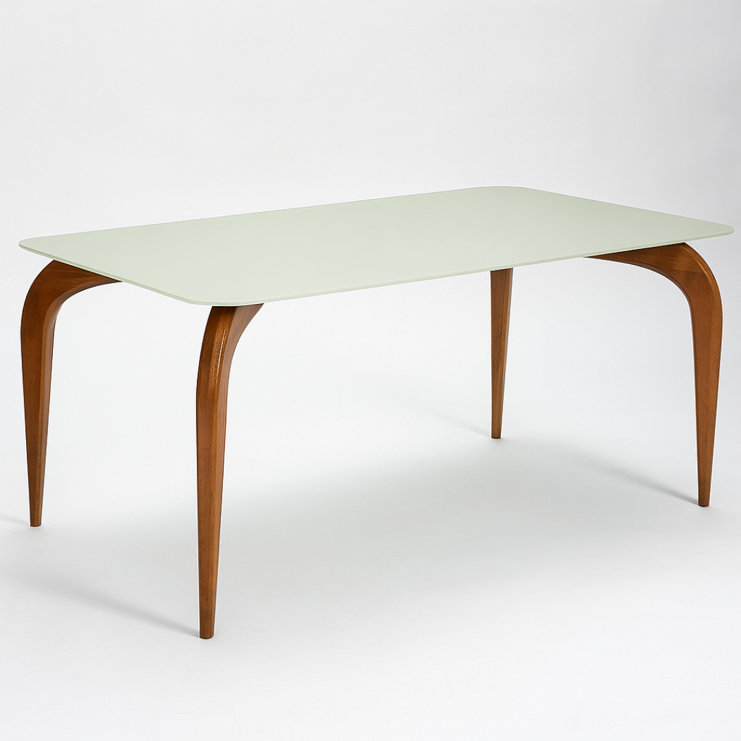 Mesa Bella Retangular Menegaz 200x100cm Canto Moeda Tampo Vidro Off White