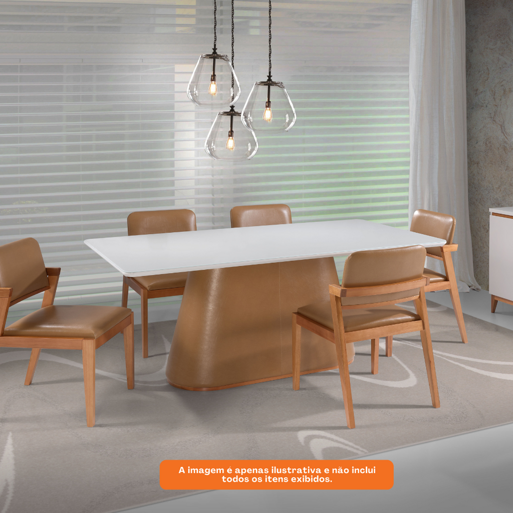 Mesa Retangular Maisa Artsoli 200x100cm Tampo de Vidro Off White com Corino Caramelo