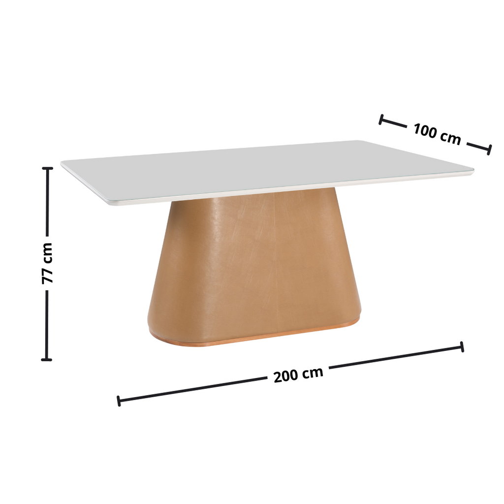 Mesa Retangular Maisa Artsoli 200x100cm Tampo de Vidro Off White com Corino Caramelo