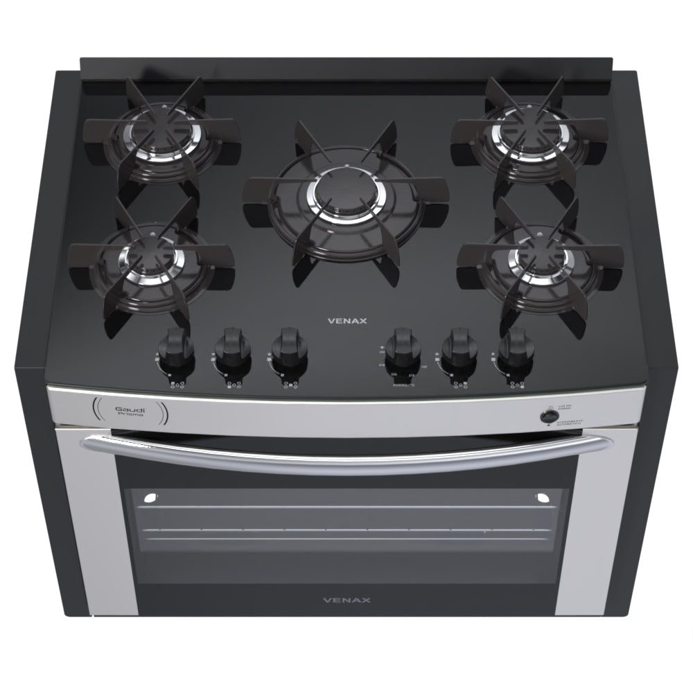 Fogão 5 Bocas Venax de Embutir Gaudi Prisma Vitreo Grades Individuais Inox Bivolt