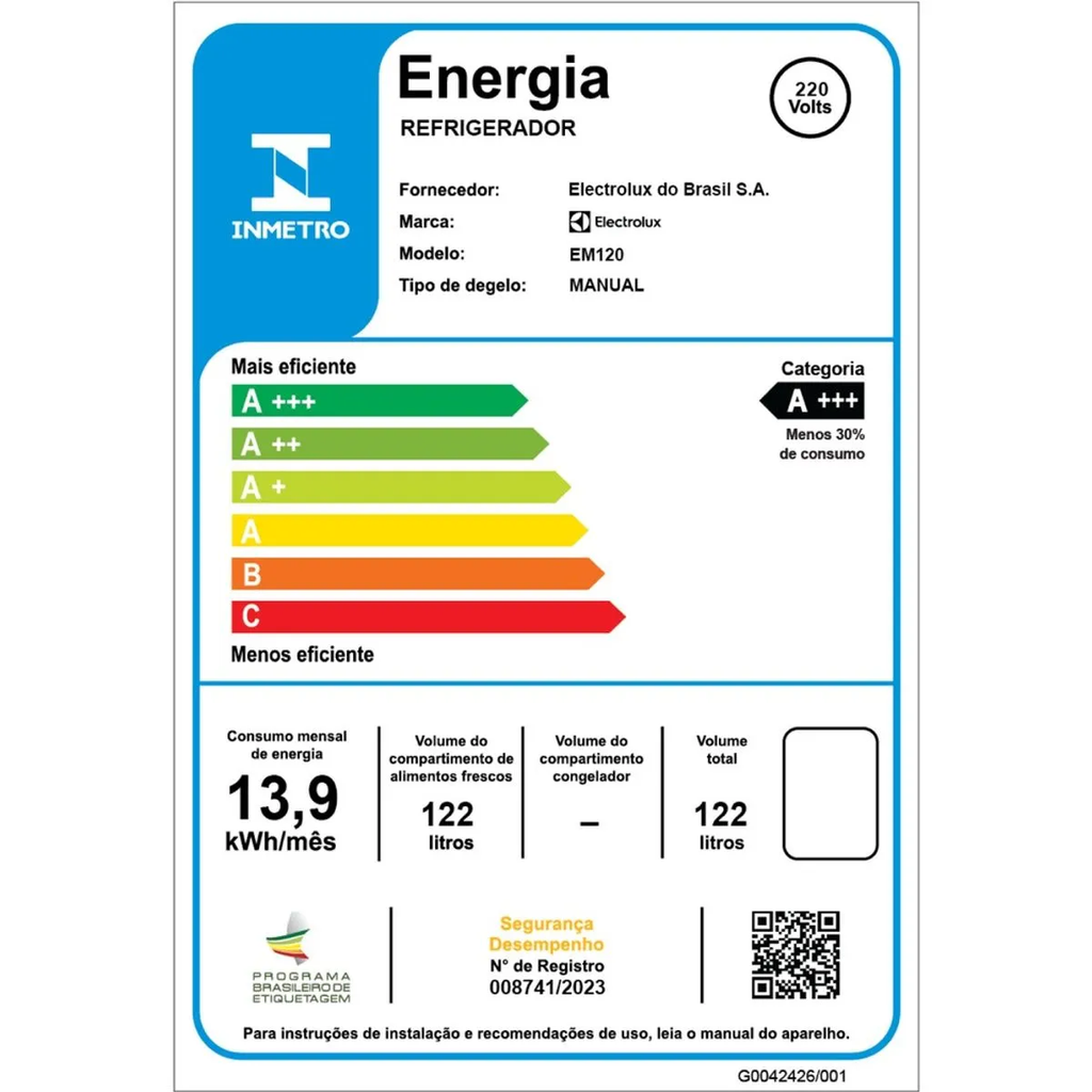 Frigobar Electrolux 122L Efficient EM120 com Controle de Temperatura -2ºC a 10ºC Branco 220V