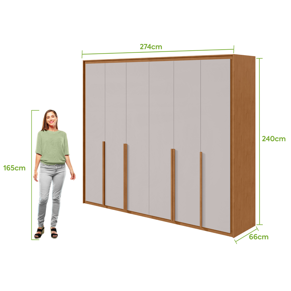 Roupeiro Imperatore Lopas  274cm 100% MDF 6 Portas com Puxador em Madeira Amêndoa e Off White