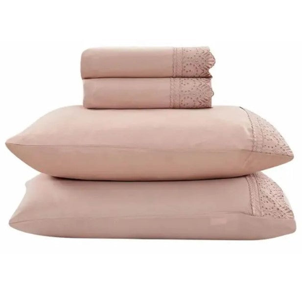 Jogo de  Roupa de Cama Casal  4 Peças  Hedrons Toque de Algodão Rendas  Rosa Tule