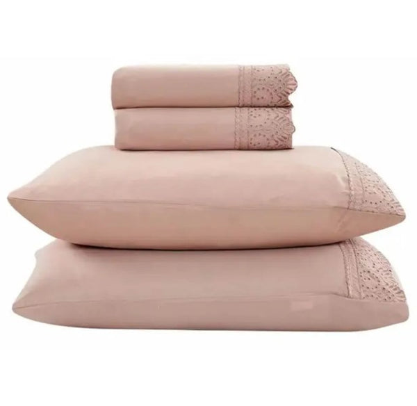 Jogo de  Roupa de Cama Casal  4 Peças  Hedrons Toque de Algodão Rendas  Rosa Tule