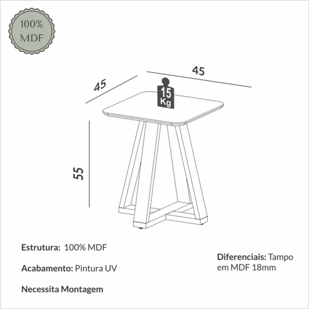 Mesa Lateral TB630 Dalla Costa 45x55cm 100% MDF Off White e Freijó