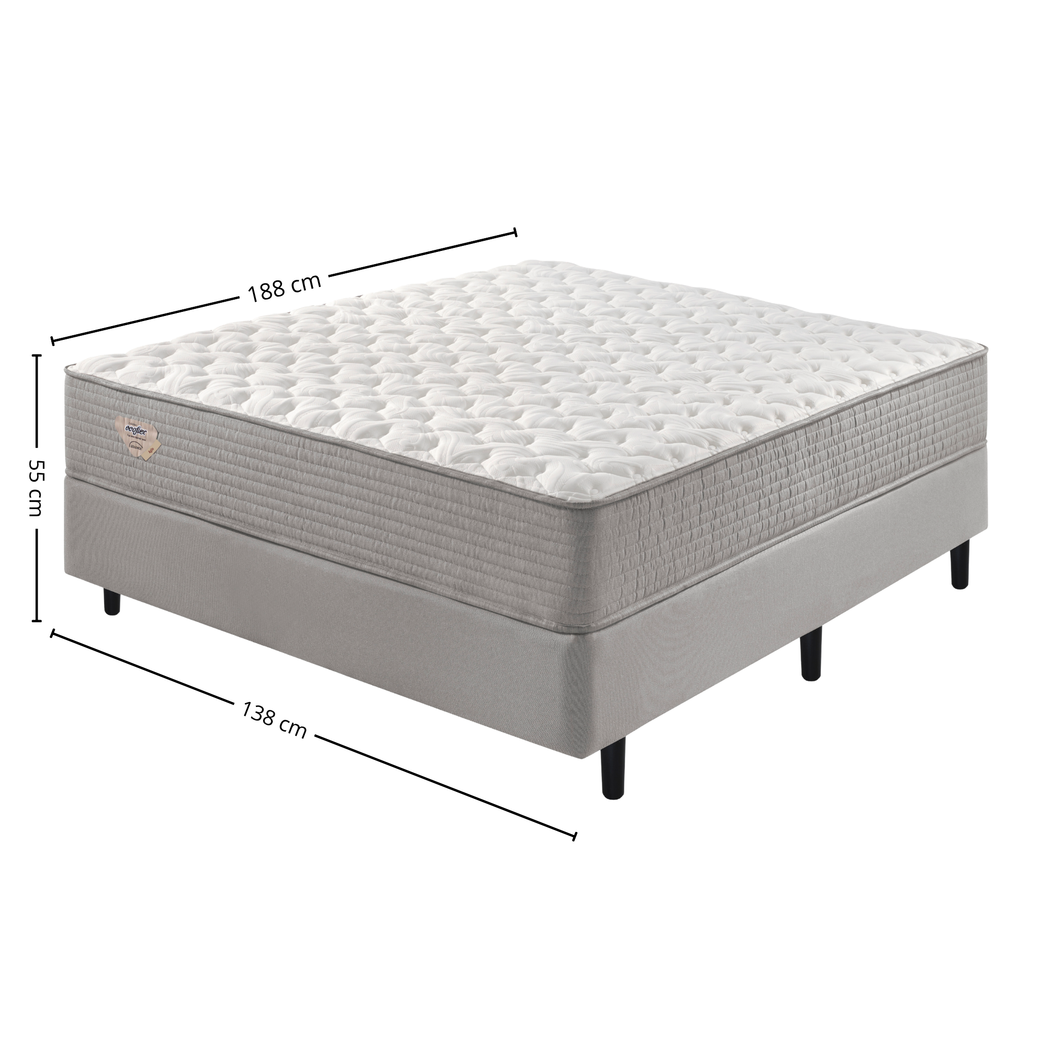 Conjunto Cama Box Agile Casal Ecoflex 138x188x55cm Molas Ensacadas Cinza Chumbo