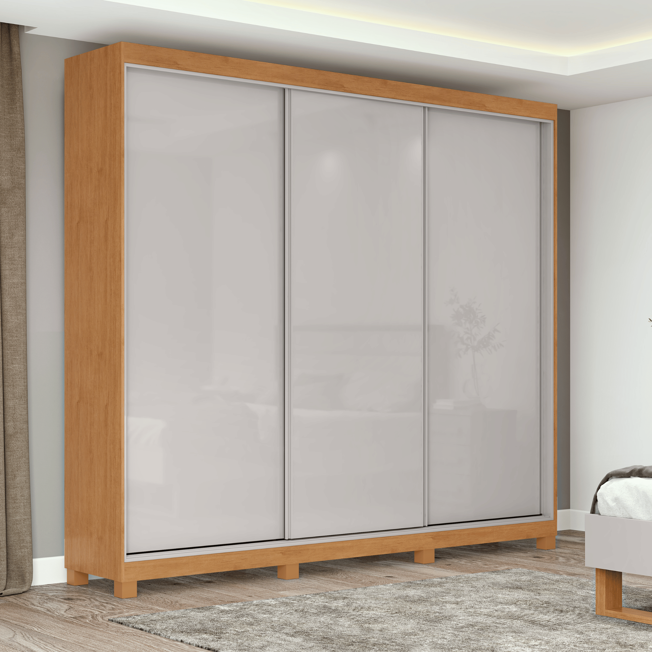 Roupeiro Quadrix Lopas 230cm 3 Portas Correr 100% MDF com Pés Flex Amêndoa e Off White