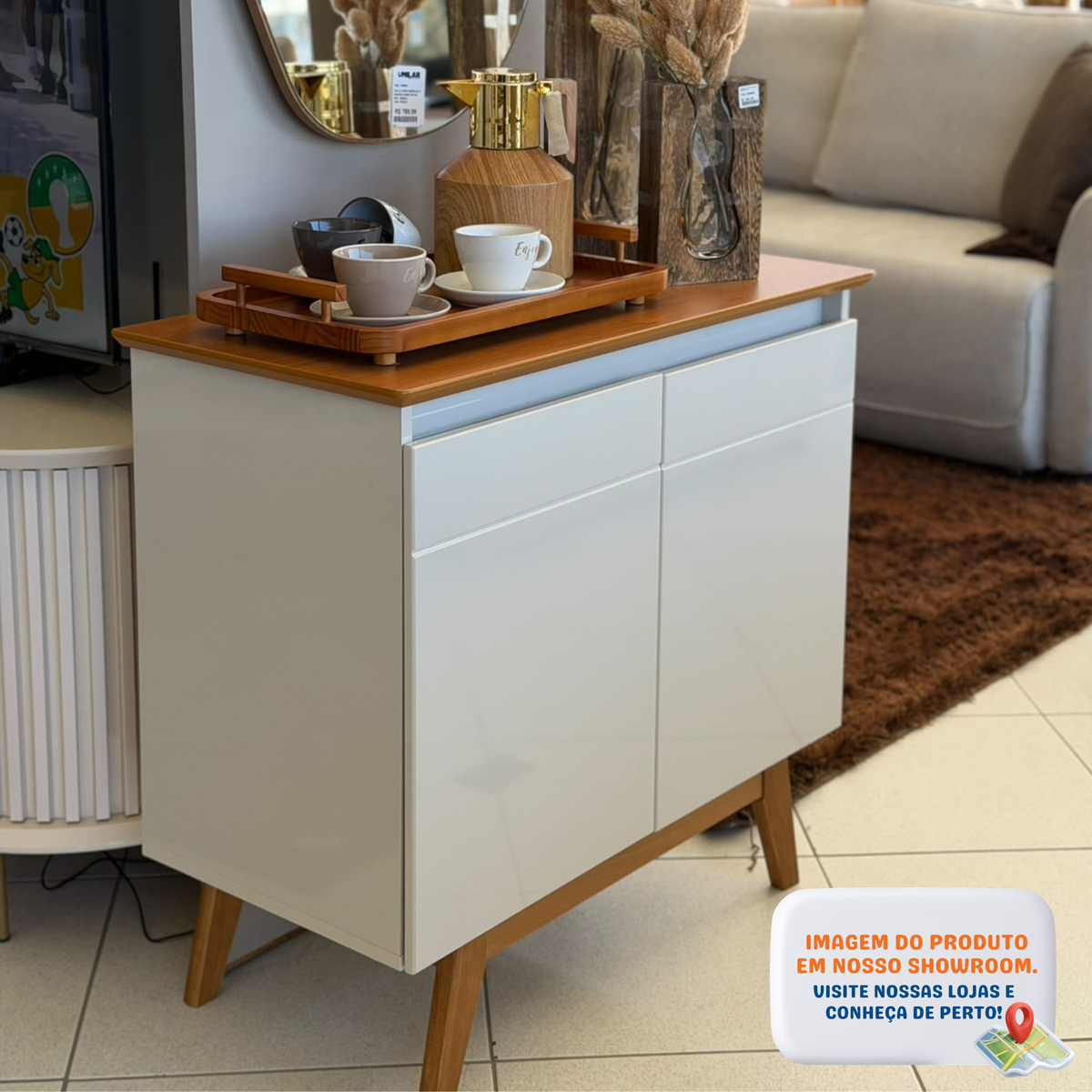 Balcão Buffet Classic Imcal 85cm 2 Portas Off White e Nature