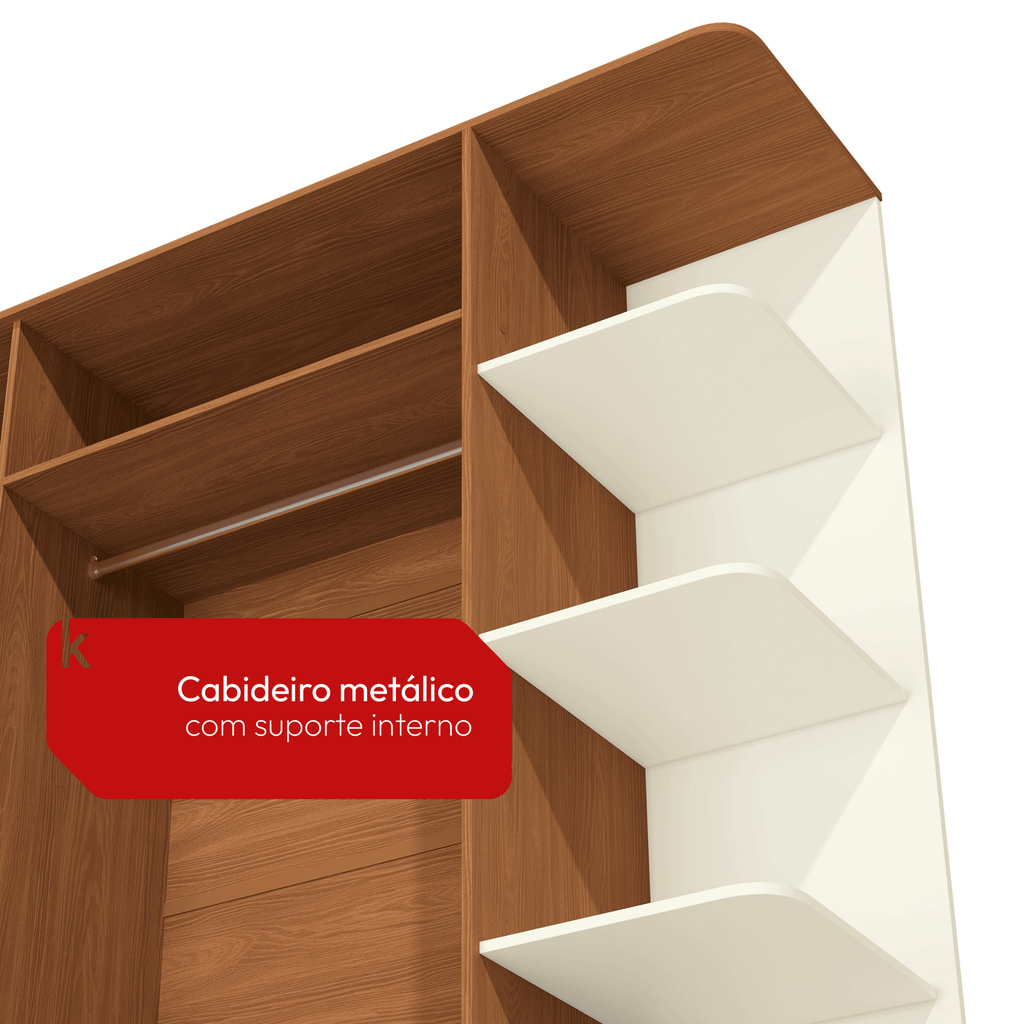 Roupeiro T593 Kappesberg 220cm 4 Portas 3 Gavetas e Nichos Canela e Off White