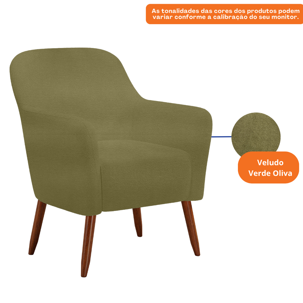 Poltrona La Paz 78cm Konfort Pés Palito Castanho Veludo Verde Oliva