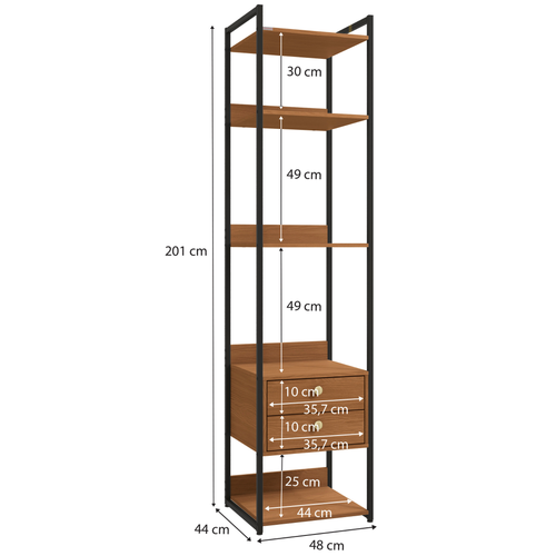 Armário Industrial Closet LI050 Kappesberg 48cm 5 Prateleiras 2 Gavetas Canela e Preto Fosco