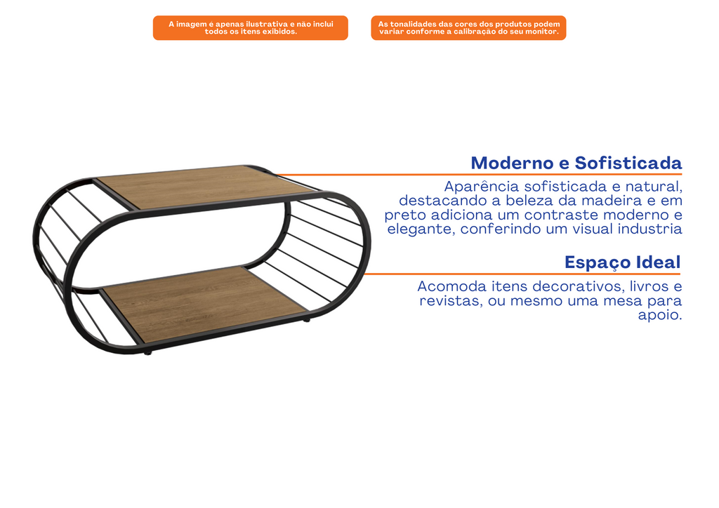 Mesa de Centro Retangular Kappesberg 90x50 Freijó e Preto