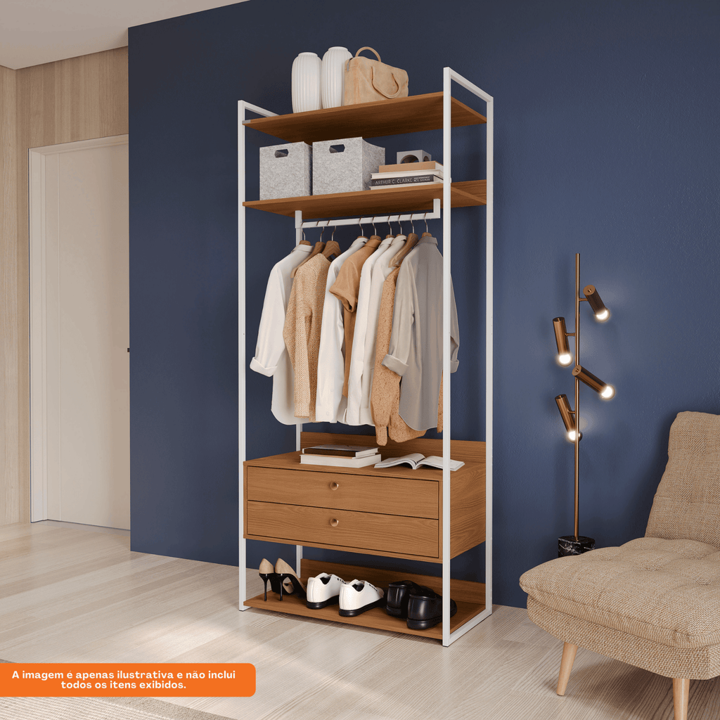Armário Industrial Closet LI047 Kappesberg 89cm Cabideiro 2 Gavetas Canela e Branco