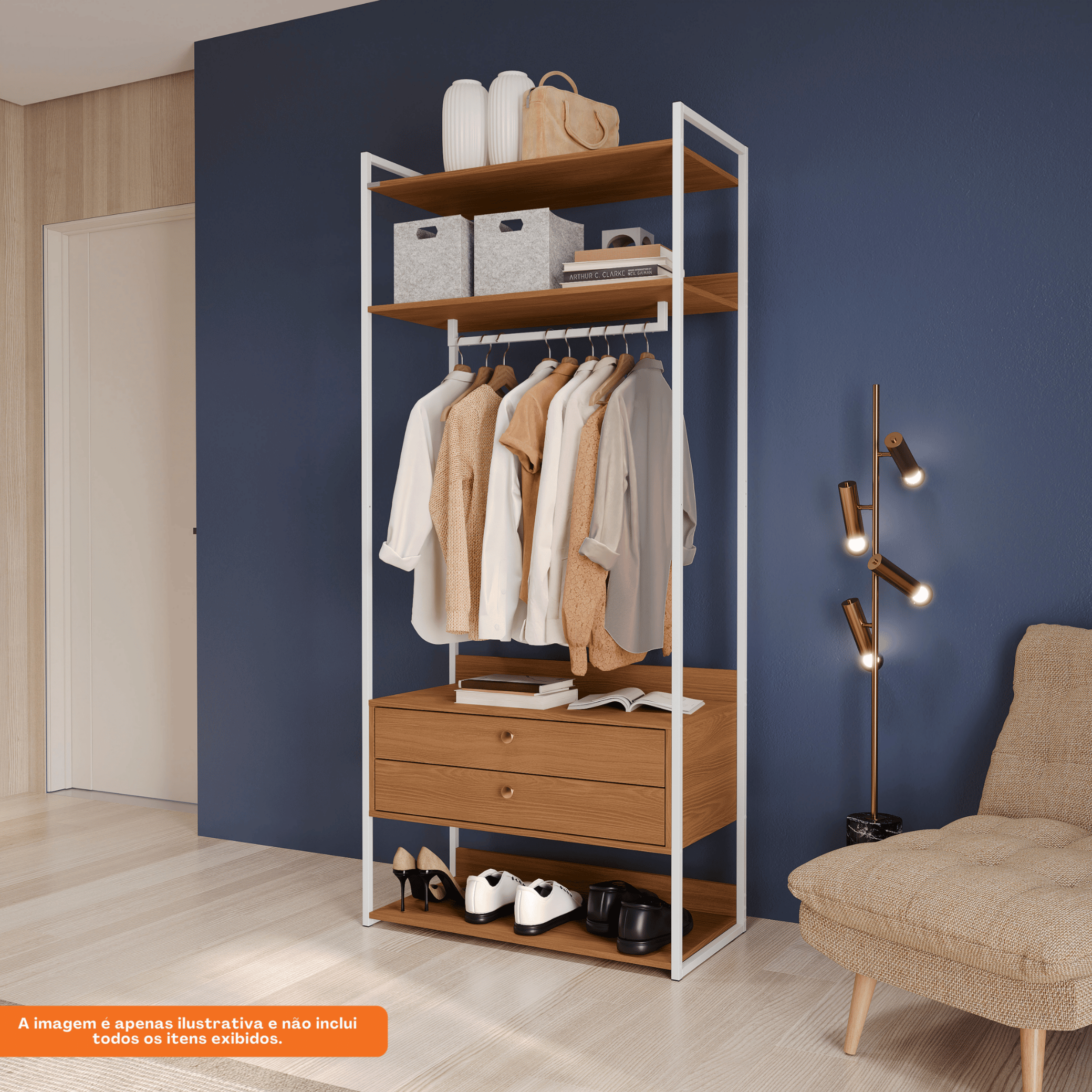 Armário Industrial Closet LI047 Kappesberg 89cm Cabideiro 2 Gavetas Canela e Branco