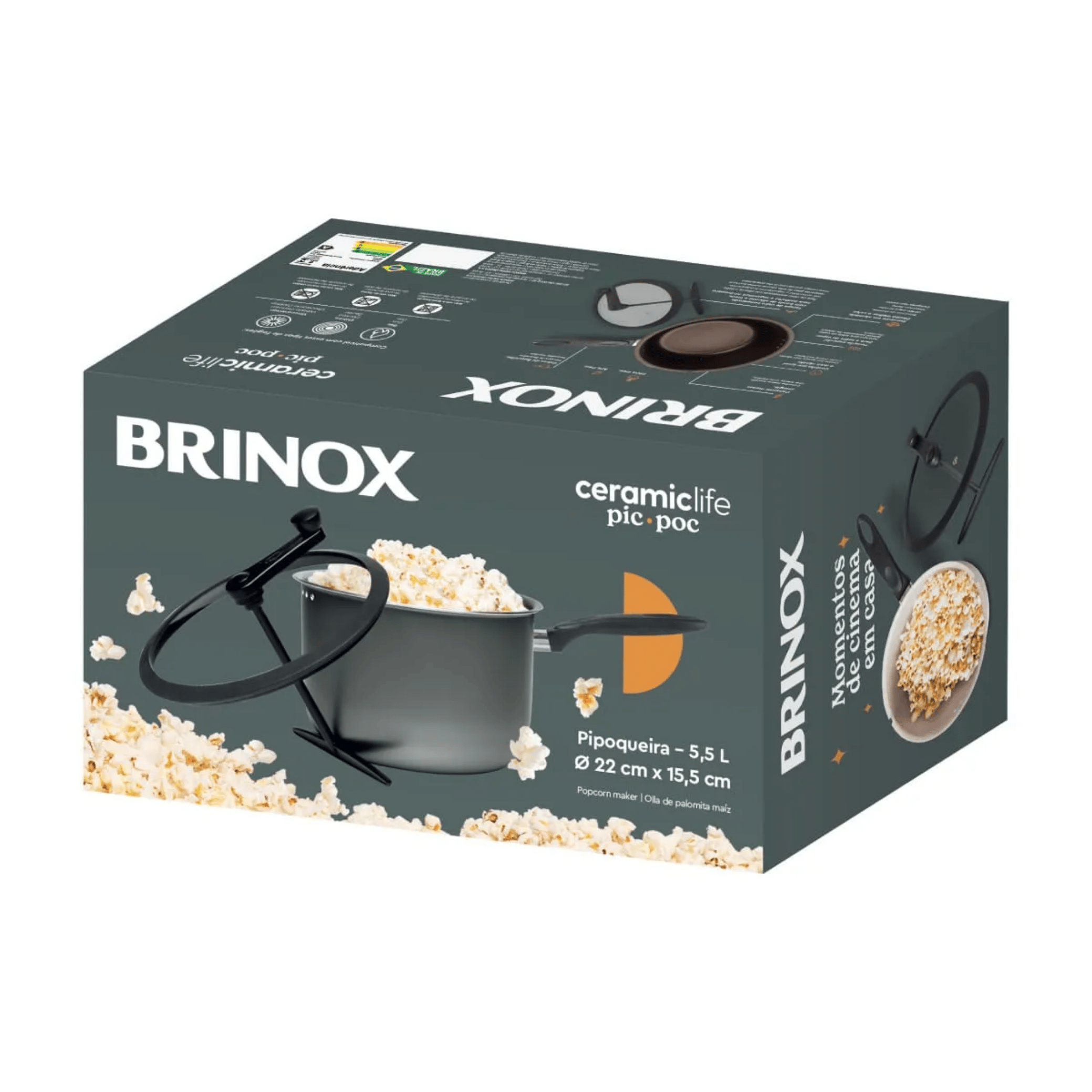 Panela Pipoqueira Ceramic Life Pic Poc Brinox 5,5L Antiaderente Vanilla