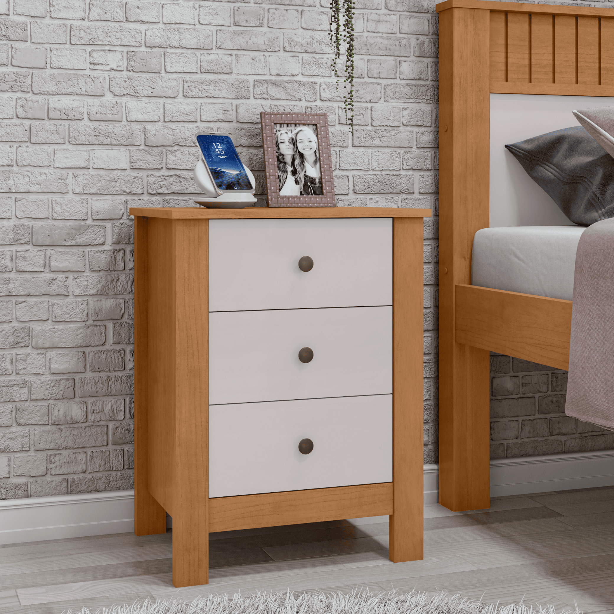 Mesa de Cabeceira Maggiore Lopas 3 Gavetas Amêndoa e Off White