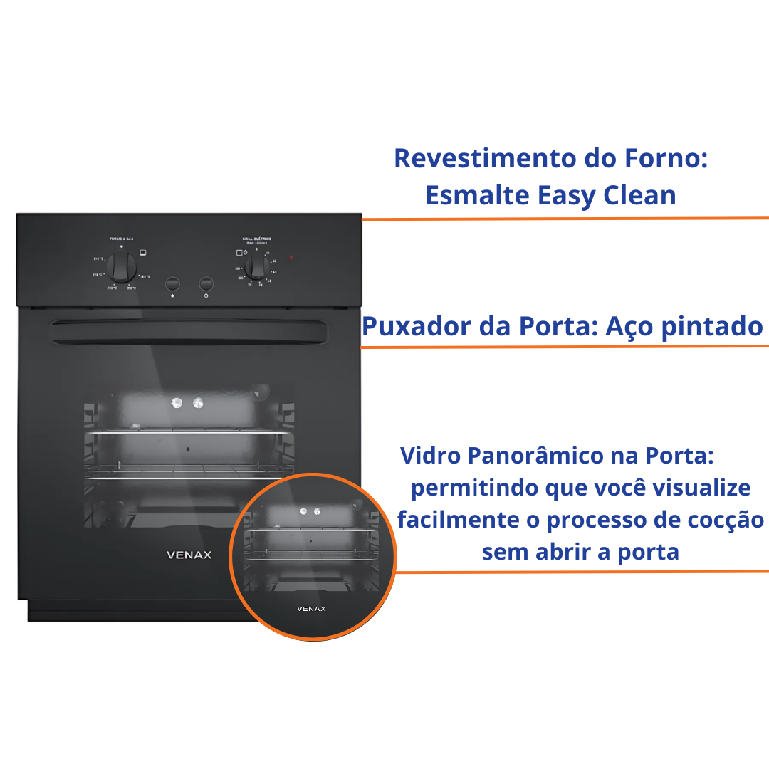 Forno de Embutir a Gás Venax 50L Totale Nero GIII Com Grill 26019 Preto 220V