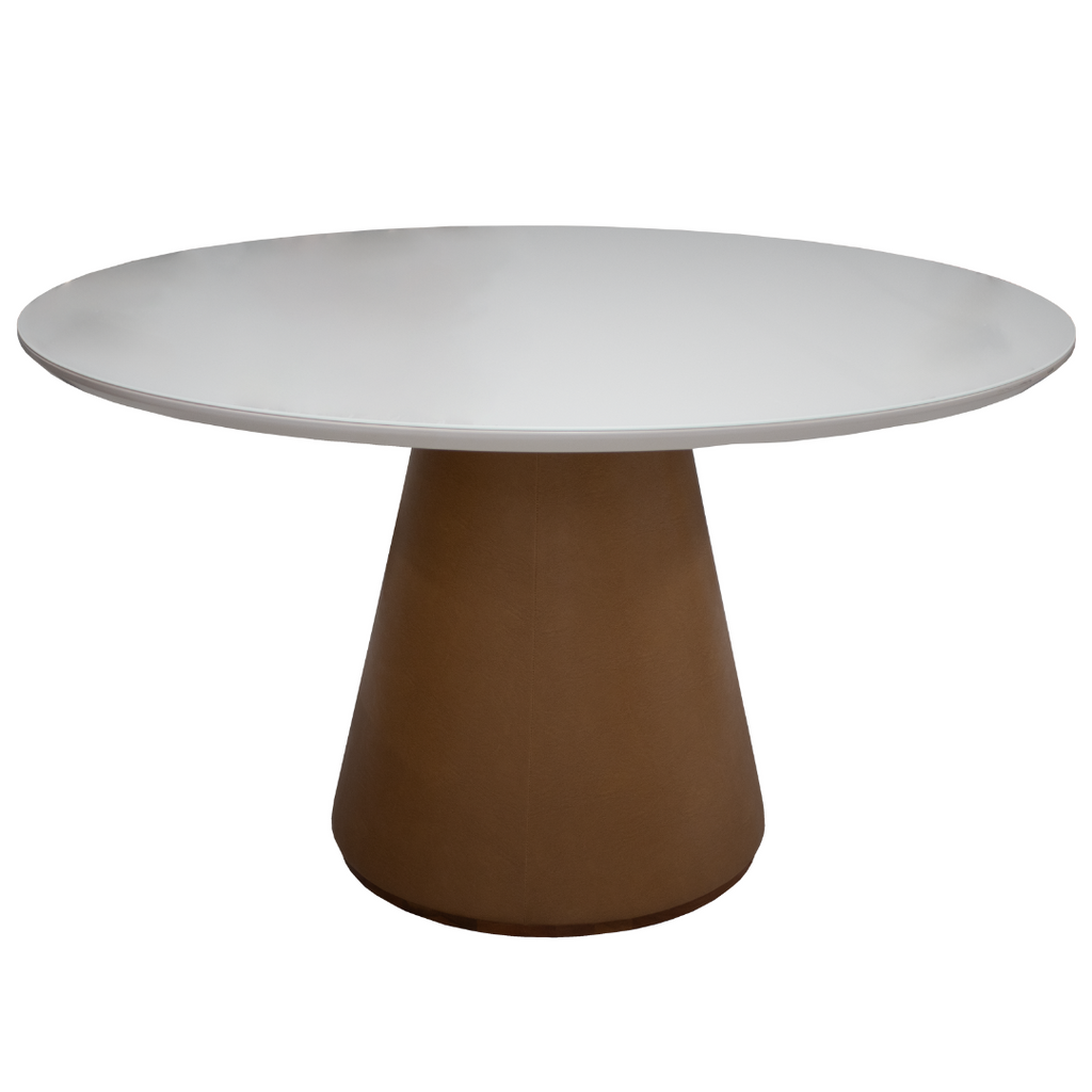 Mesa Redonda Maisa Artsoli 135x135cm Courino Caramelo Tampo com Vidro Off White