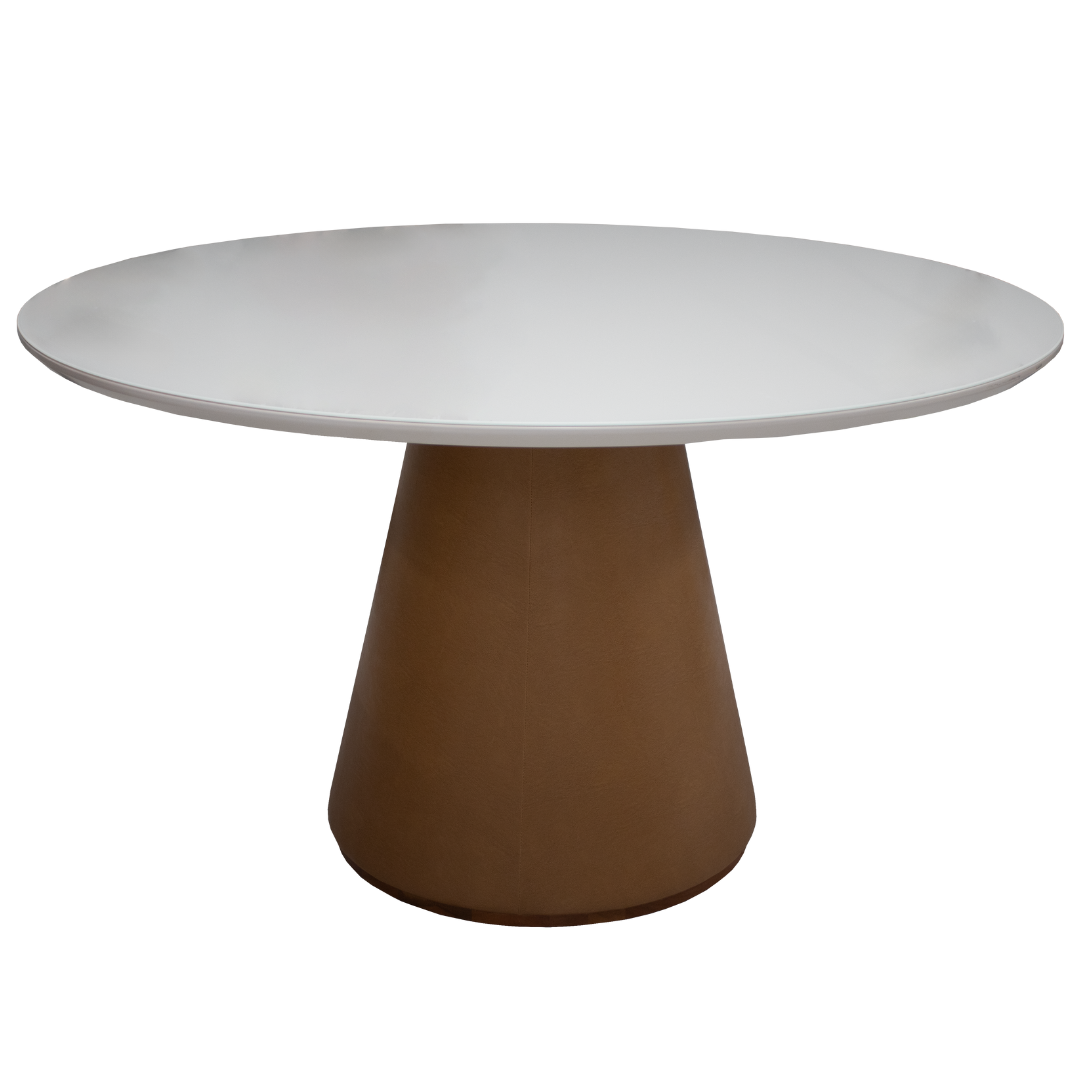 Mesa Redonda Maisa Artsoli 135x135cm Courino Caramelo Tampo com Vidro Off White