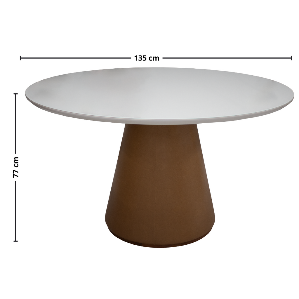 Mesa Redonda Maisa Artsoli 135x135cm Courino Caramelo Tampo com Vidro Off White
