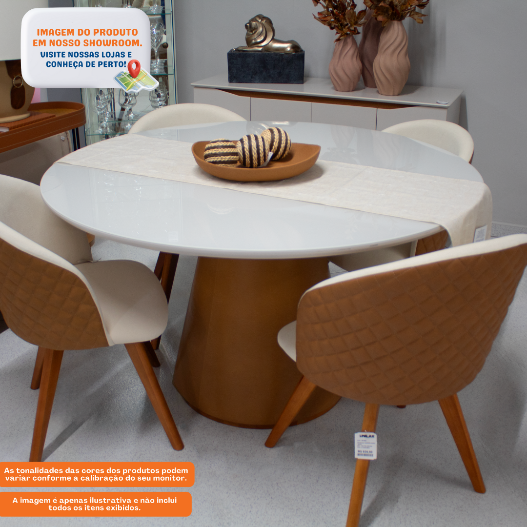 Mesa Redonda Maisa Artsoli 135x135cm Courino Caramelo Tampo com Vidro Off White