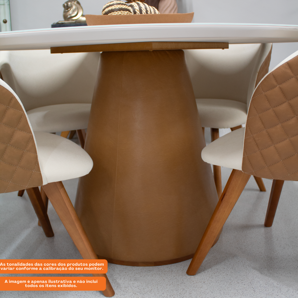 Mesa Redonda Maisa Artsoli 135x135cm Courino Caramelo Tampo com Vidro Off White
