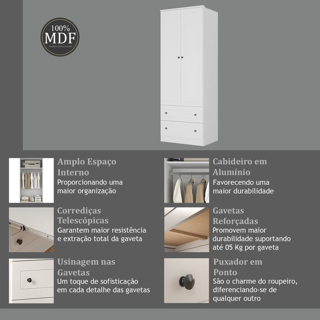 Roupeiro Fort Mambel 81cm 100% MDF 2 Portas 2 Gavetas Branco