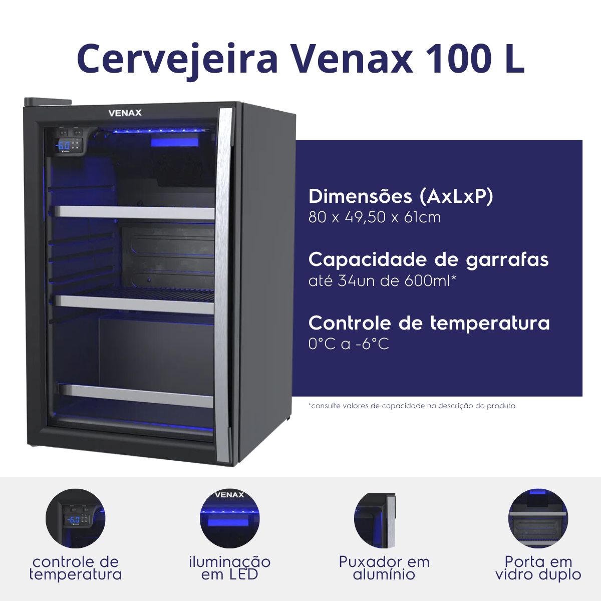 Cervejeira Venax 100L Blue Ligth Porta Invertida 19919 Preto Fosco 110V