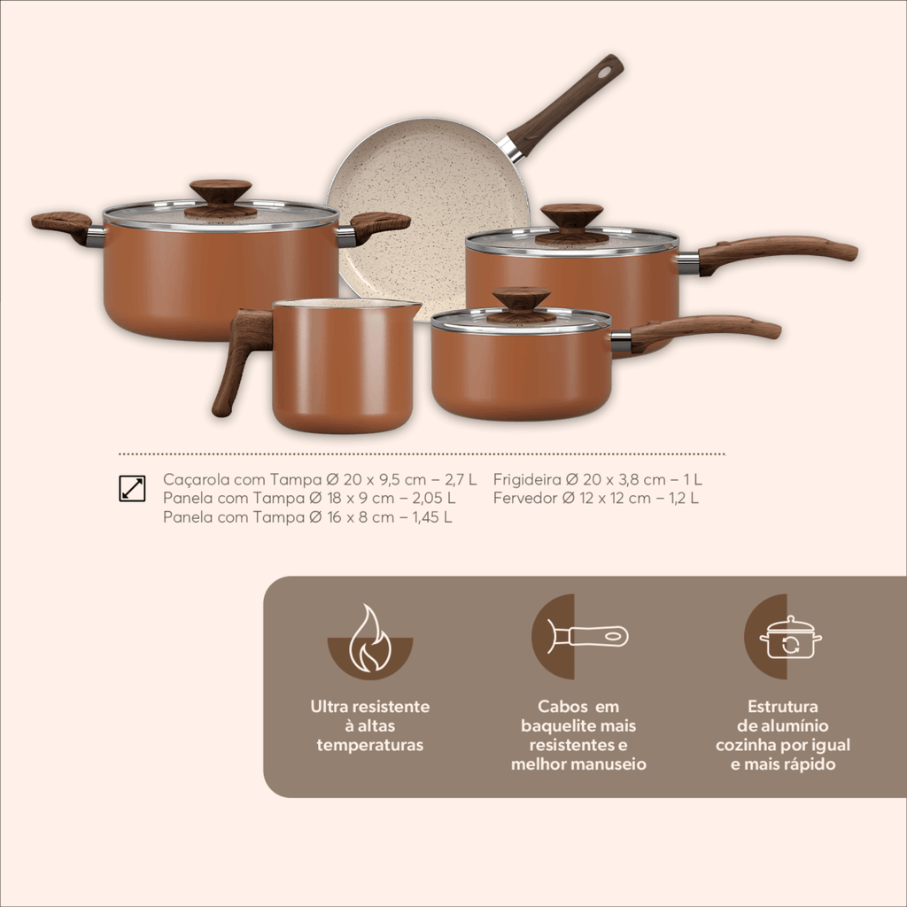 Jogo de Panelas Ceramic Life Brinox Antiaderente Primea Cappuccino