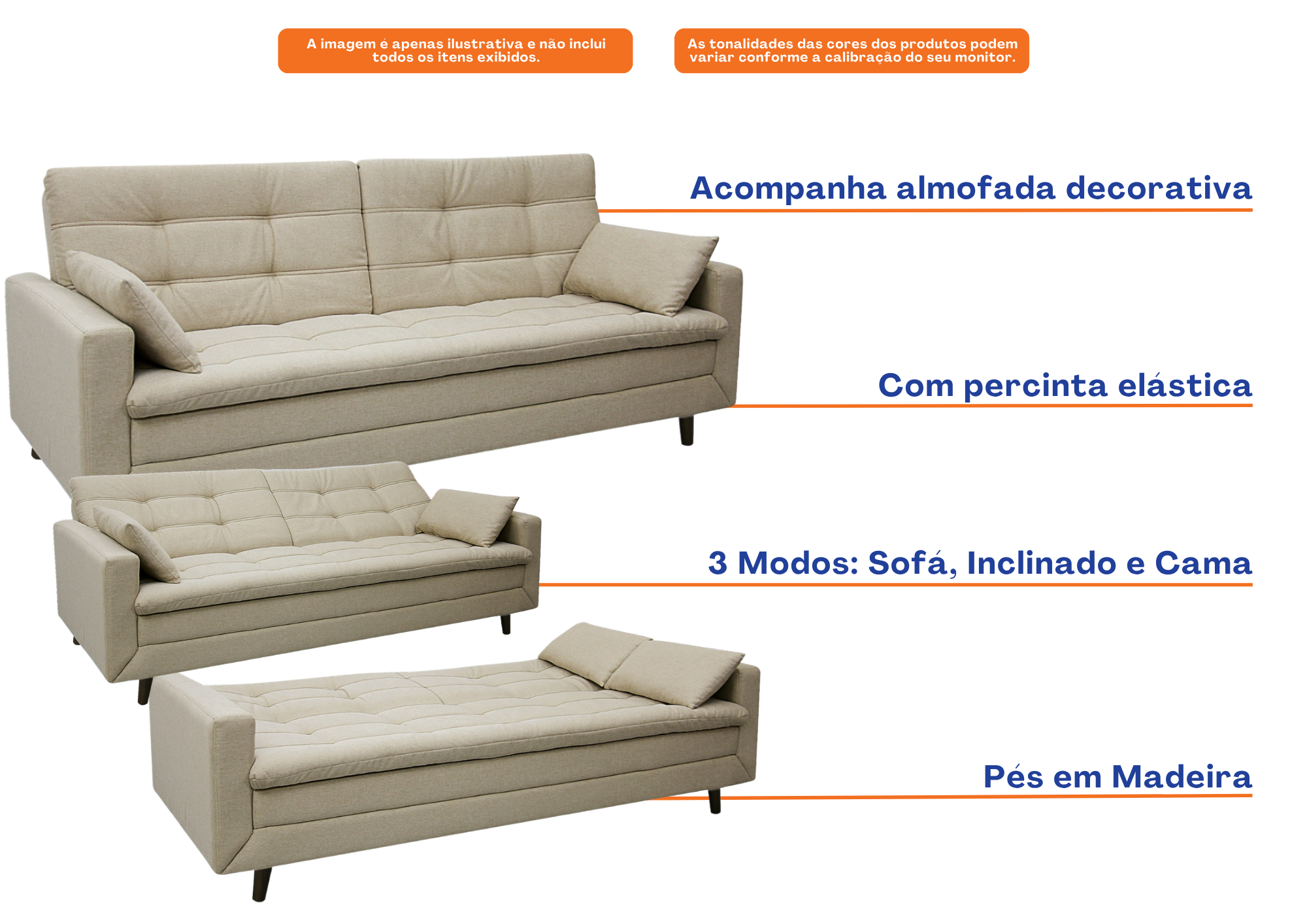 Sofá Cama New Jully 208cm Linoforte com Braços Pés em Madeira Linho Bege