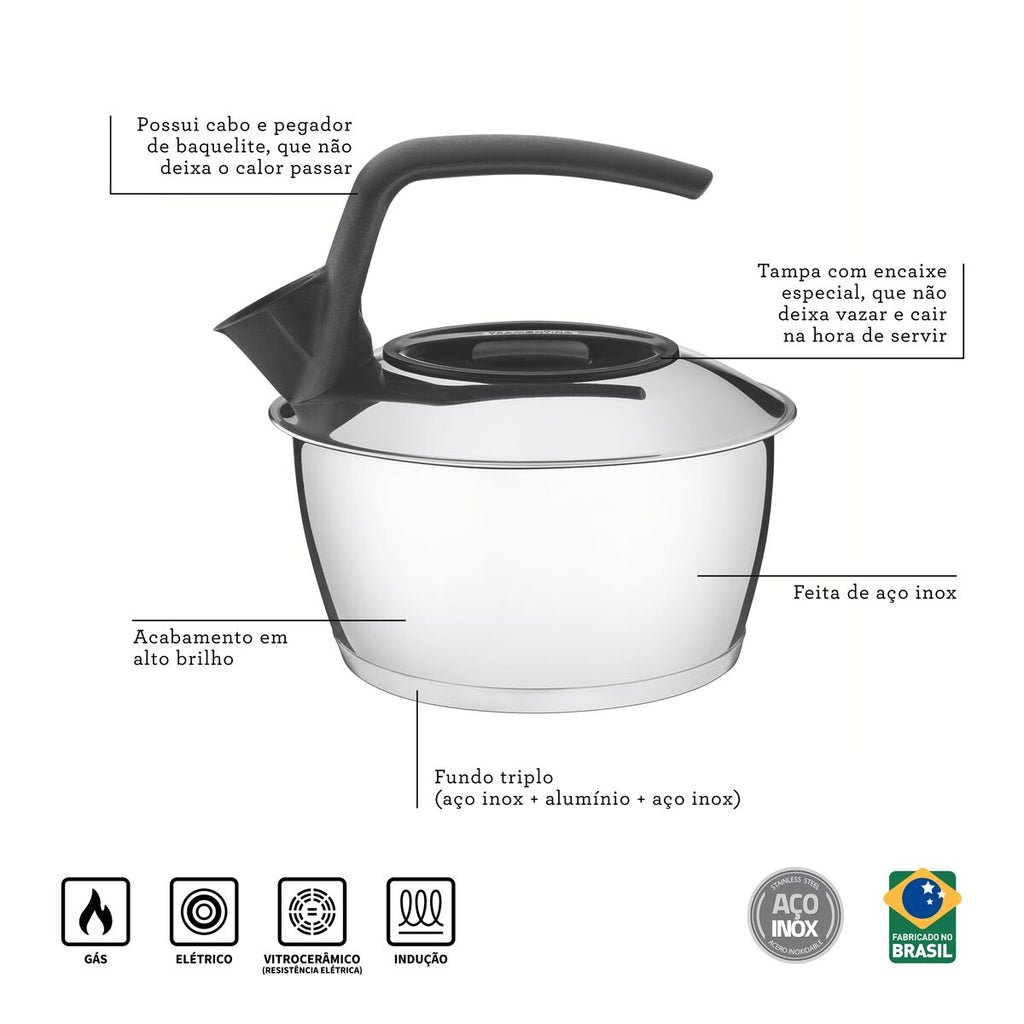 Chaleira Tramontina 1,5L Fundo Triplo e Cabo Preto Inox
