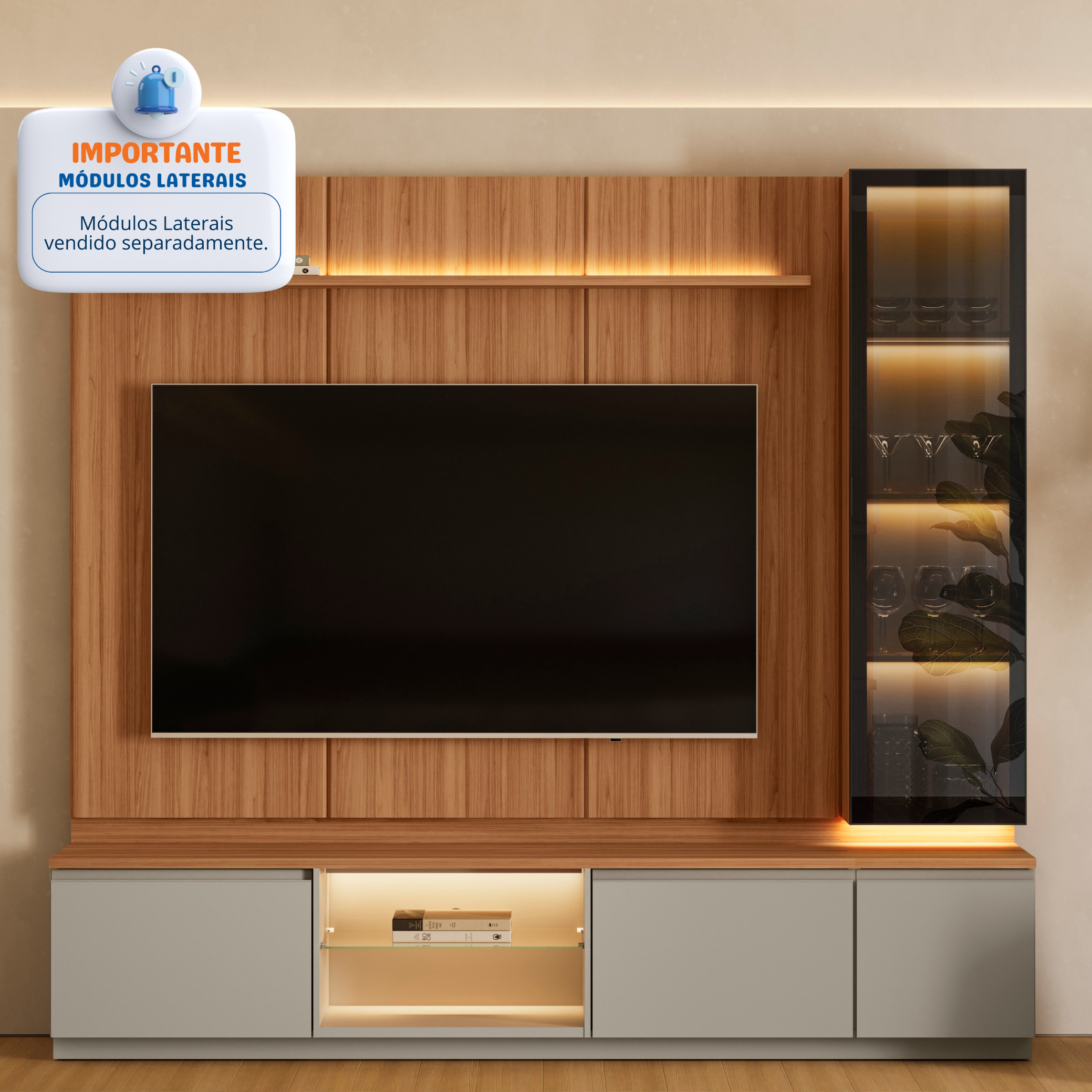 Rack com Painel Magnum Linea 200cm com Led Canela e Gris Fosco