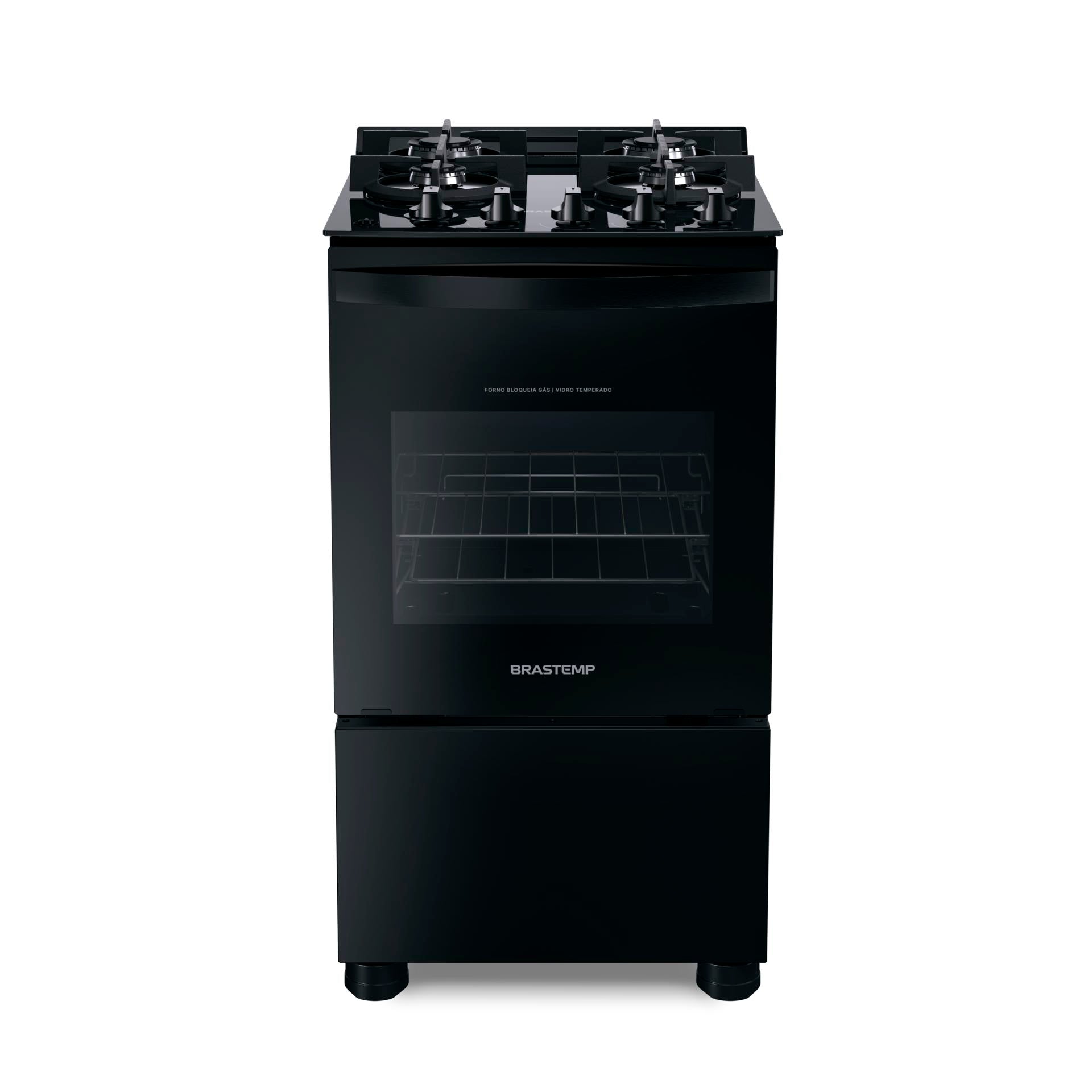 Fogão 4 Bocas Brastemp BFO4VAE Piso Mesa Vidro Grades Duplas de Ferro Fundido Preto Bivolt
