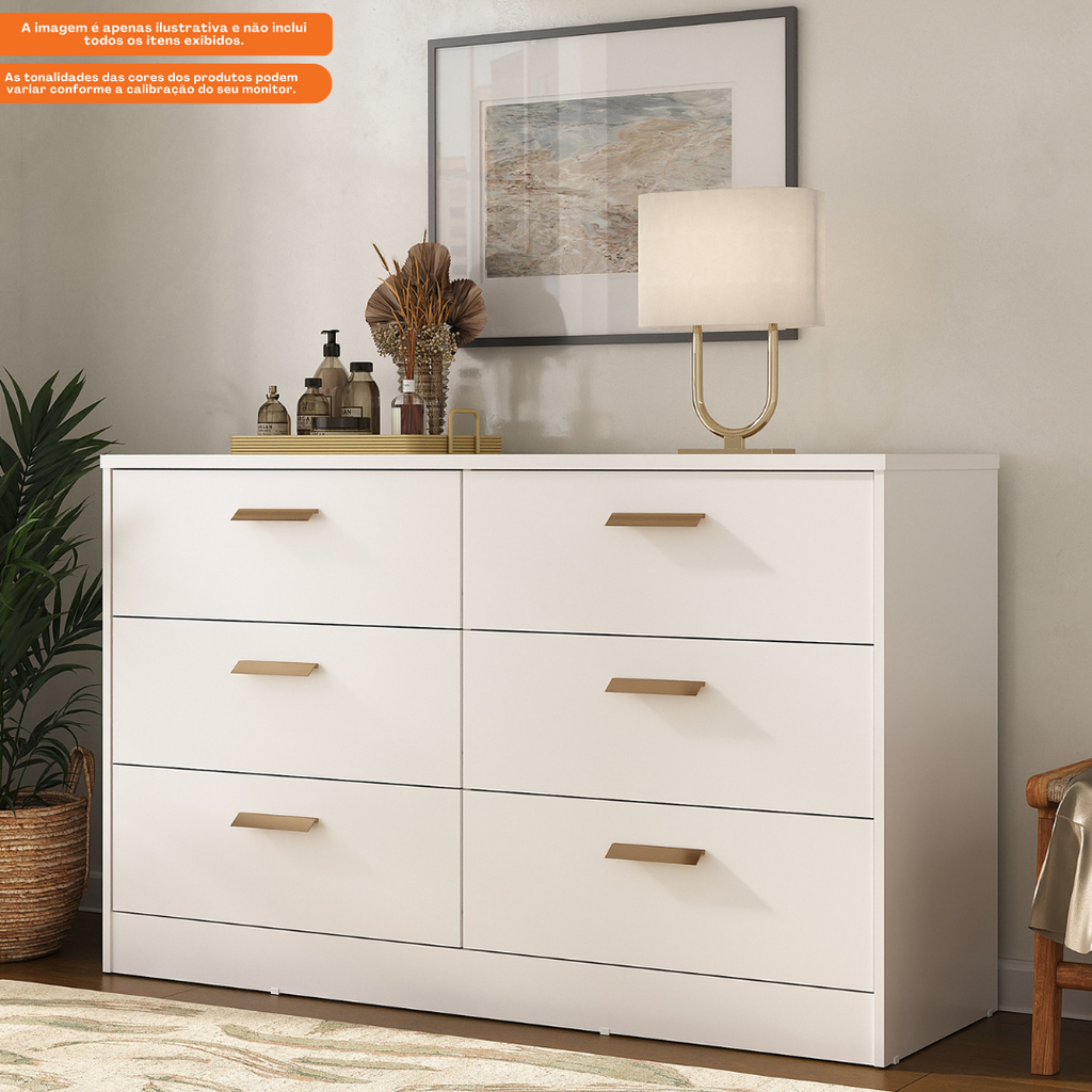 Cômoda Divino 140cm Mambel 100% MDF 6 Gavetas Branco