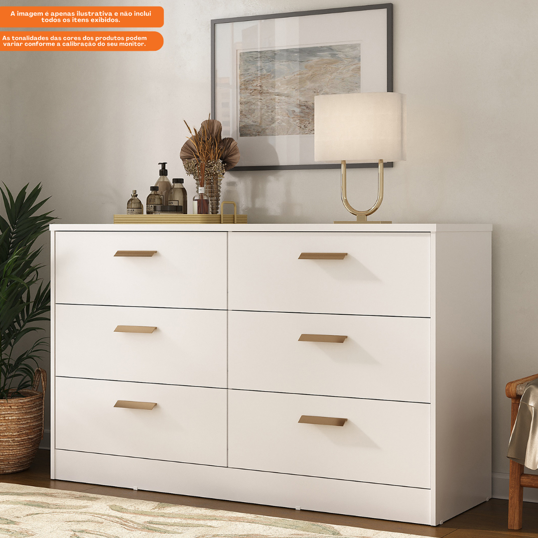 Cômoda Divino 140cm Mambel 100% MDF 6 Gavetas Branco