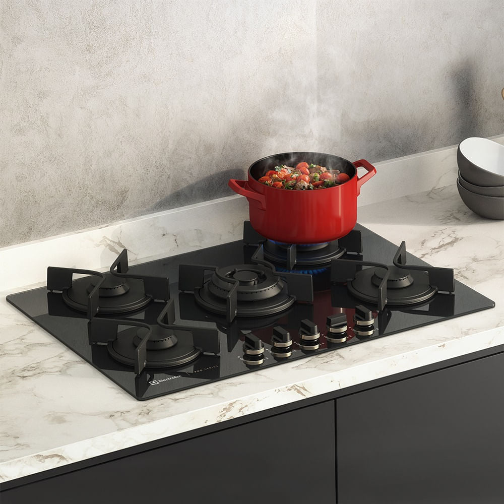 Cooktop à Gás Electrolux 5 Bocas GV75P Pro Séries Tripla Chama Vidro Preto Bivolt