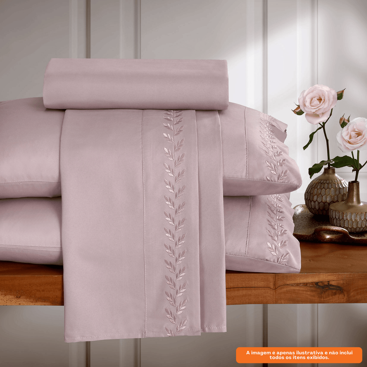 Jogo de Roupa de Cama Queen 4 Peças Hedrons Toque de Algodão Bordado Chloe Rosa Violeta