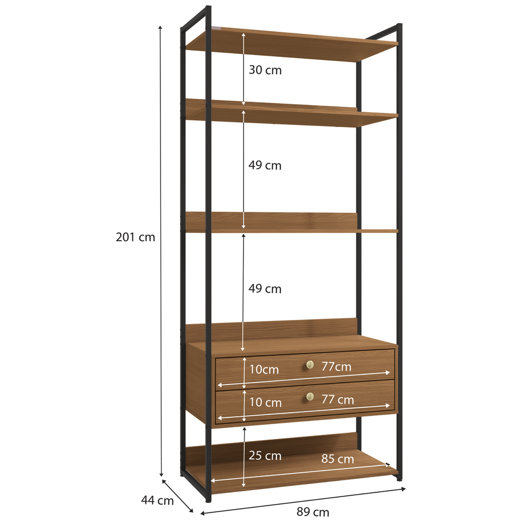Armário Industrial Closet LI049 Kappesberg 89cm 5 Prateleiras 2 Gavetas Canela e Preto Fosco