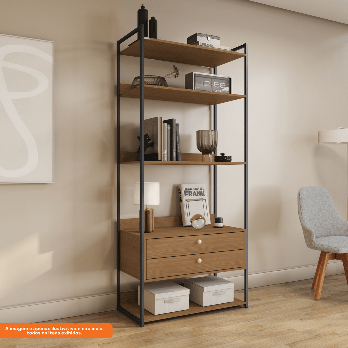 Armário Industrial Closet LI049 Kappesberg 89cm 5 Prateleiras 2 Gavetas Canela e Preto Fosco