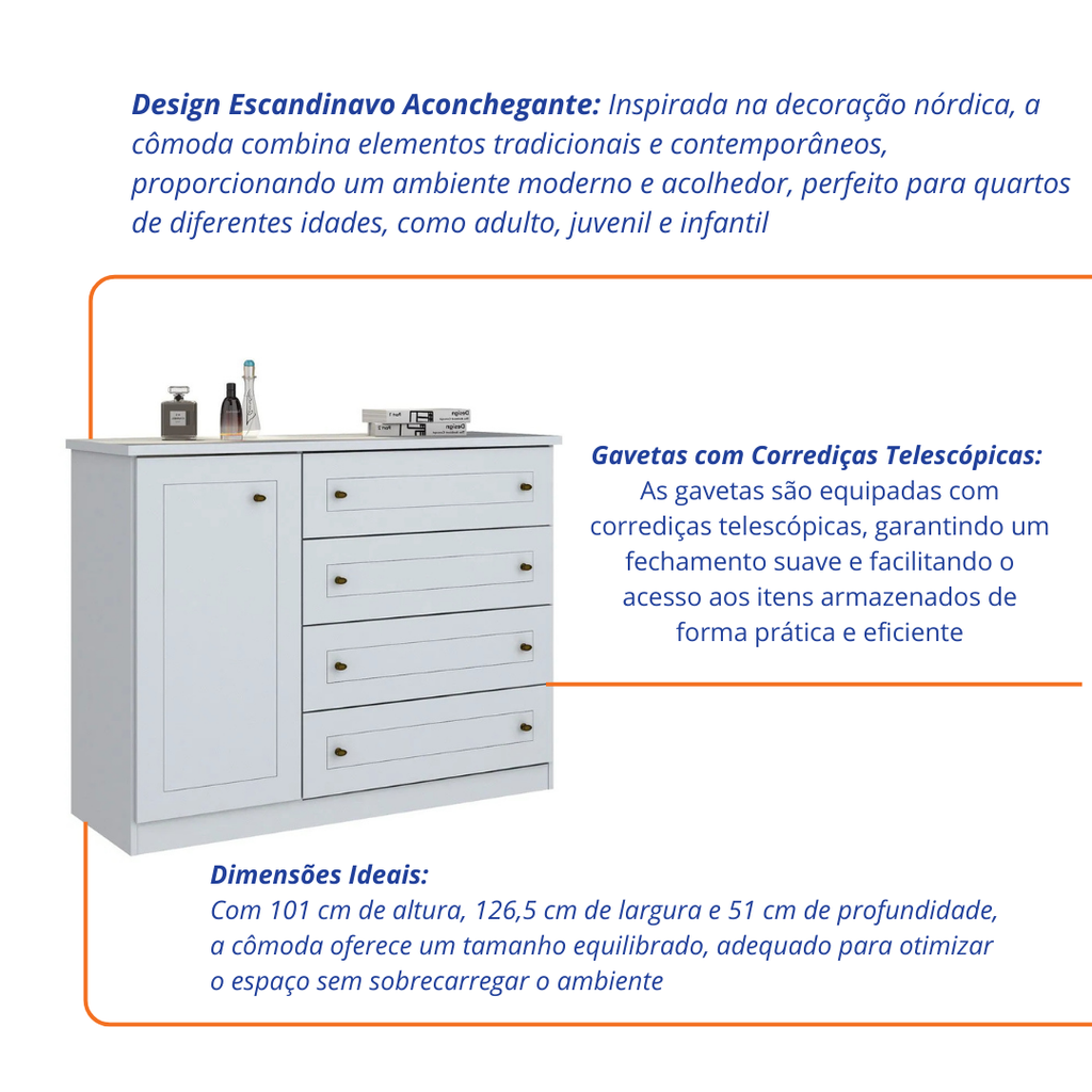 Cômoda Americana Henn 4 Gavetas 1 Porta Branco HP