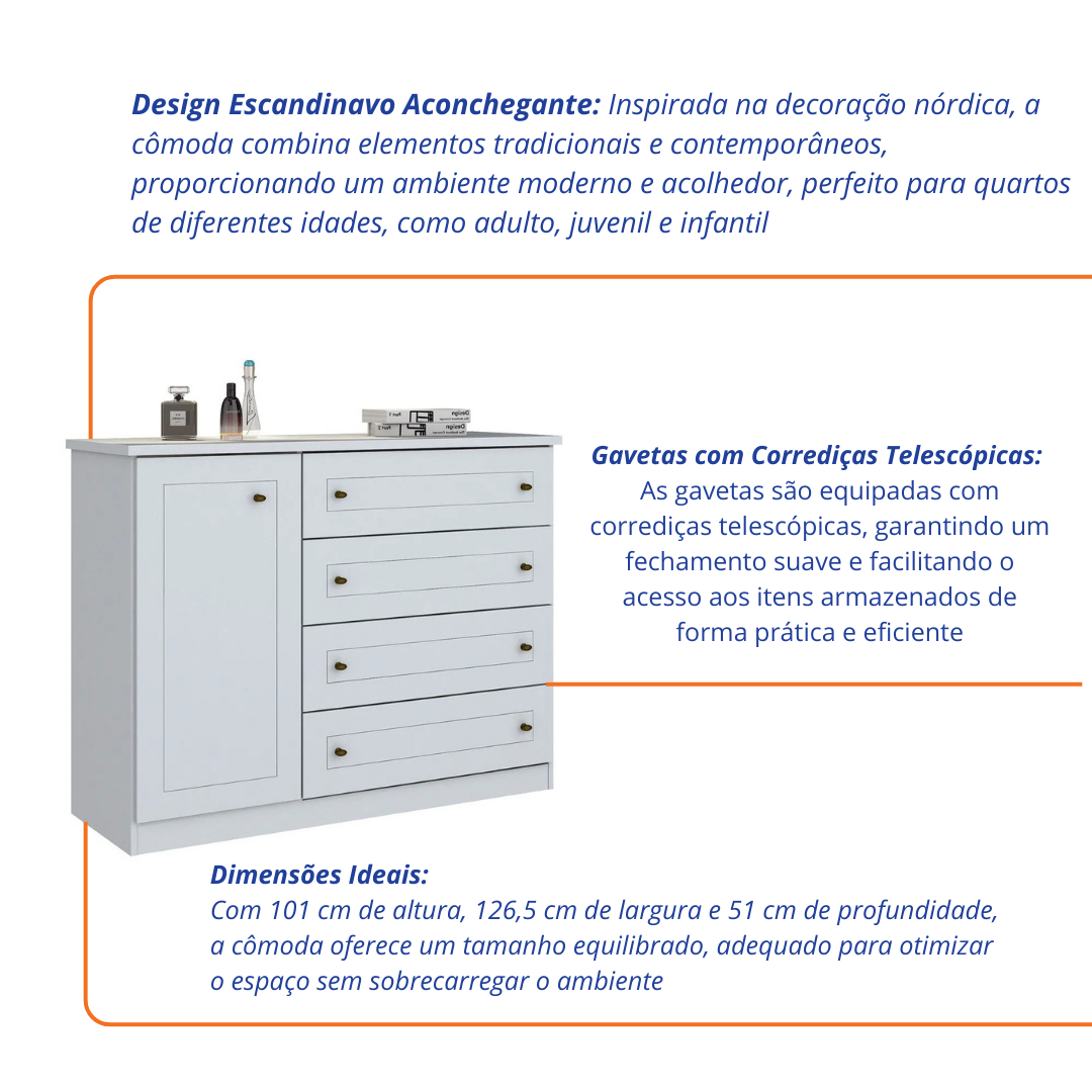 Cômoda Americana Henn 4 Gavetas 1 Porta Branco HP