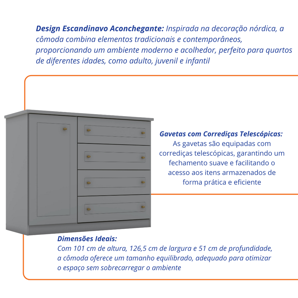 Cômoda Americana Henn 4 Gavetas 1 Porta Cinza