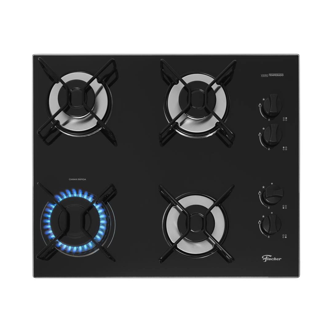 Cooktop a Gás Fischer 4 Bocas Fit Line Trempe Aramado Esmaltado Vidro Preto Bivolt