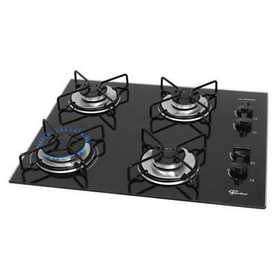 Cooktop a Gás Fischer 4 Bocas Fit Line Trempe Aramado Esmaltado Vidro Preto Bivolt