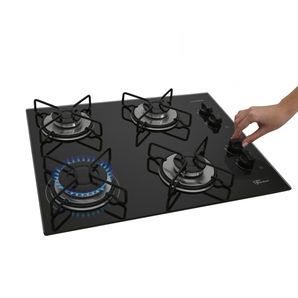Cooktop a Gás Fischer 4 Bocas Fit Line Trempe Aramado Esmaltado Vidro Preto Bivolt
