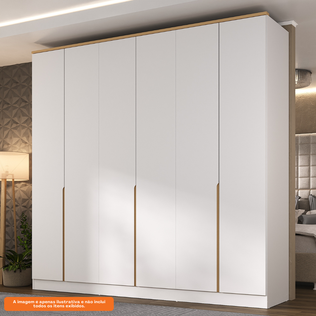 Roupeiro Logan Mambel 240cm 100% MDF 6 Portas Branco e Olmo