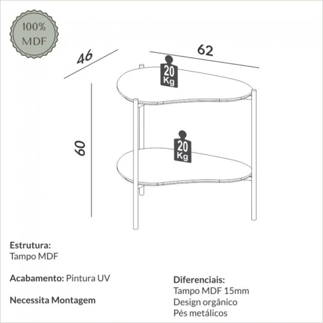 Mesa Lateral Orgânica Dalla Costa TB629 Pés Dourados Freijó