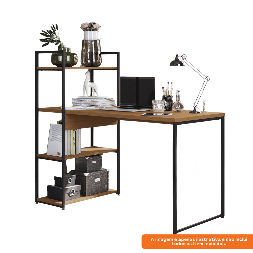Escrivaninha Industrial Kappesberg LI010 136cm com 3 Prateleiras Canela e Preto